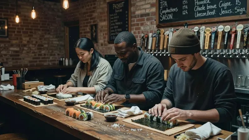 Beginner students learning to roll sushi at the Wandering Barman brewery in Brooklyn NYC during a hands-on beginner sushi rolling class