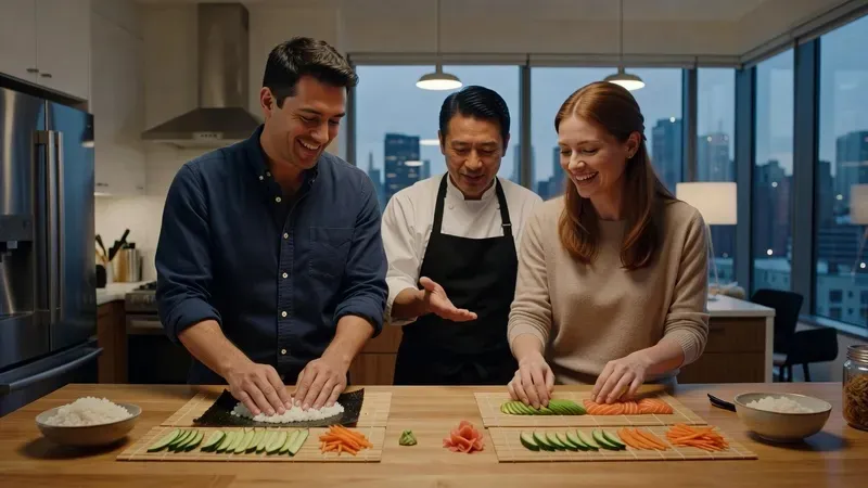 Couple rolling sushi together at a Brooklyn brewery during a couples sushi making class in NYC, bamboo mats and fresh ingredients on the wooden counter