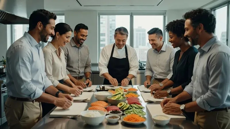 Group of people in a professional kitchen rolling sushi with bamboo mats and fresh ingredients at a sushi workshop for home chefs in NYC