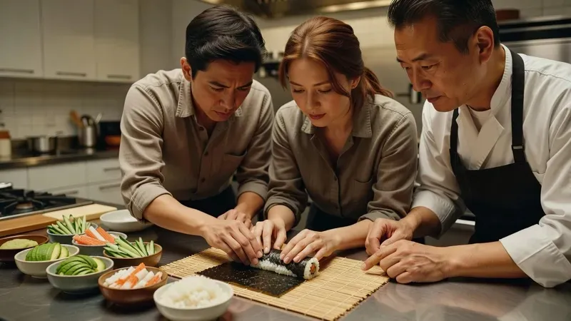 Two adults rolling sushi under the guidance of a professional chef at a sushi making class in Midtown Manhattan NYC